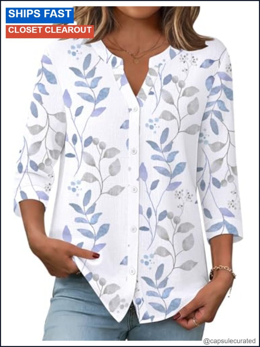 3/4 Sleeve Cotton Linen Button Down Shirt for Women Work Blouse